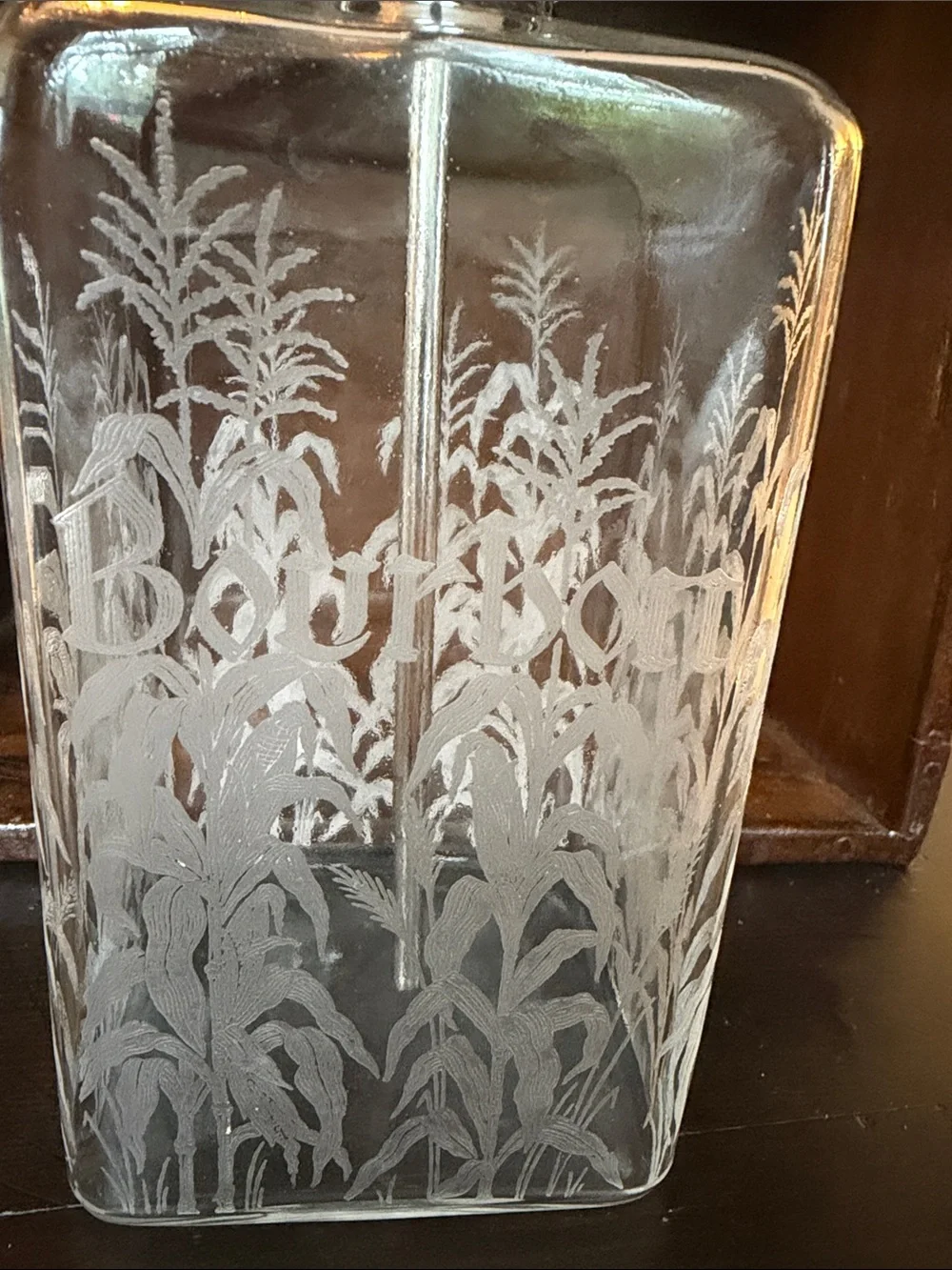 Continental Etched Glass Bourbon Dispenser with Chrome Pump Mid century modern